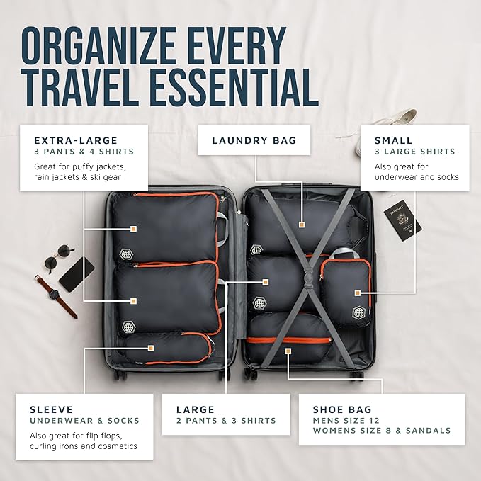 Large Compression Packing Cubes for Travel-Packing Cube Luggage Organizers 7 Piece Set for Checked Luggage-Ultralight, Expandable/Compression Bags by TRIPPED Travel Gear (Grey/Orange)