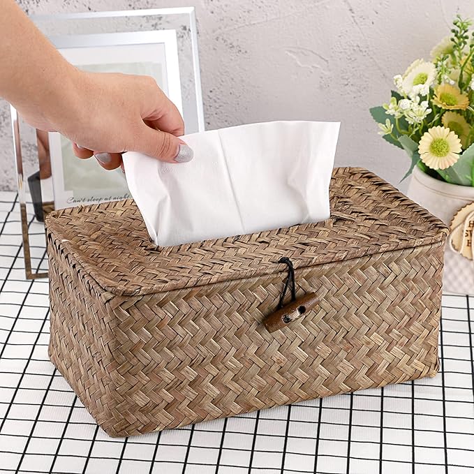 Sumnacon Tissue Box Cover Rectangle Tissue Box Seagrass Tissue Box Holder Woven Tissue Holder Decorative Tissue Cover for Bathroom Tissue Box Cover Rectangular for Home Office Table Coffee
