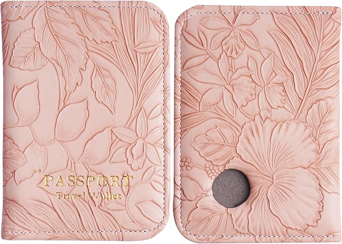 lizimandu Passport Holder with Airtag Slot, Airtag Passport Wallet for Men Women, Slim Leather Passport Holder Case Family for Travel Anti-Lost(1-Carved Pink)