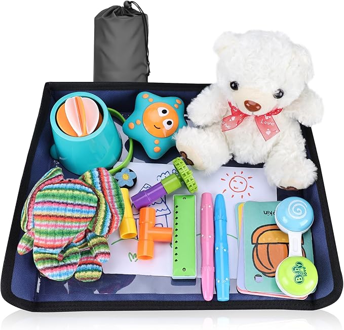 Kids Tray Table Cover, Airplane Tray Cover with Pockets, Airplane Travel Essentials for Kids, Portable Airplane Must Haves for Toddler on Plane or Train and Flying Supplies (Navy Blue)