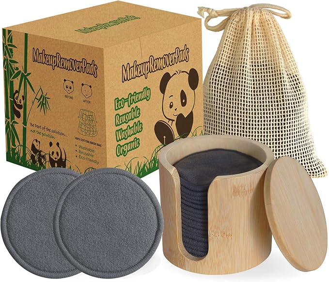 Reusable Cotton Rounds, 100% Natural Bamboo Cotton Pads for Face|Reusable Makeup Remover Pads with Laundry Bag,Headband and Cotton Round Holder (Gray)