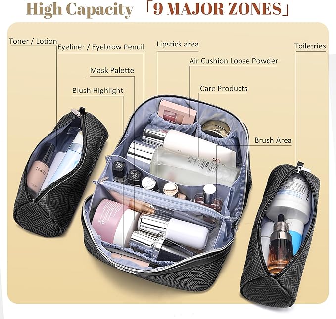 BOYATU Travel Makeup Bags for Women: Vintage Roman Column Texture Large Capacity Cosmetic Bag - Each Journey, Quiet Luxury Serenity - 3 Pcs Set Organizer Toiletry Purse 50% Extra Storage(Black)