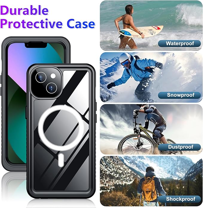Compatible with iPhone 13 Case Waterproof, Built-in Screen & Camera Protector IP68 Underwater Full Body 13FT Military Dropproof Shockproof Phone Case 6.1"-Black/Clear-Mag