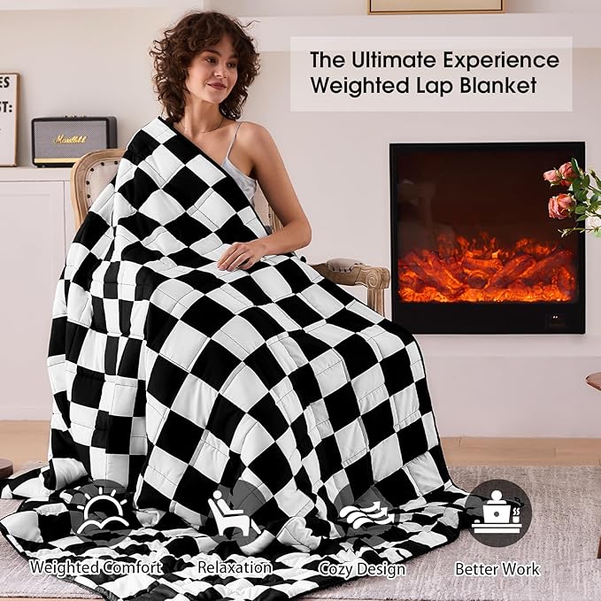 Black Checkered Weighted Blanket for Adults 20lbs, 48"x72", Twin Full Size Cooling Plaid Heavy Throw Blanket for 180-220lbs, Microfiber Soft Thick Big Blankets Weighted Comforter Gifts for Sleeping