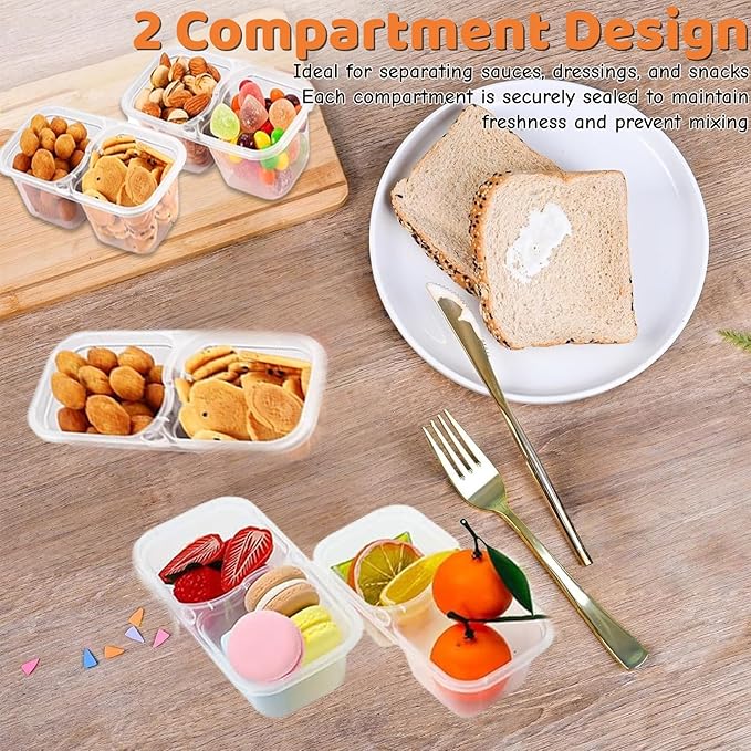 Snack Containers with Lids - 20PCS Reusable Double Compartment Condiment Containers for Portion Control, Microwave Safe Meal Prep Snack Containers for Lunch, Picnics, Parties