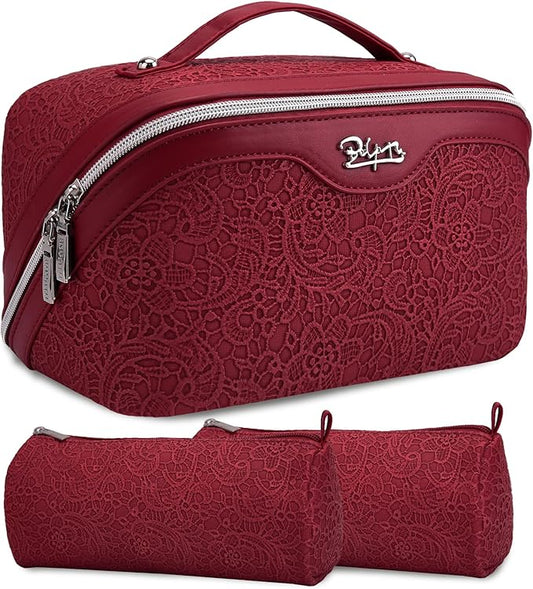 BOYATU Travel Makeup Bags Cosmetic Organizer Bag: 3 Pcs Set Large Capacity Make up Bag with Compartments - Waterproof Leather Toiletry Bags with Handle for Women (A-Red)