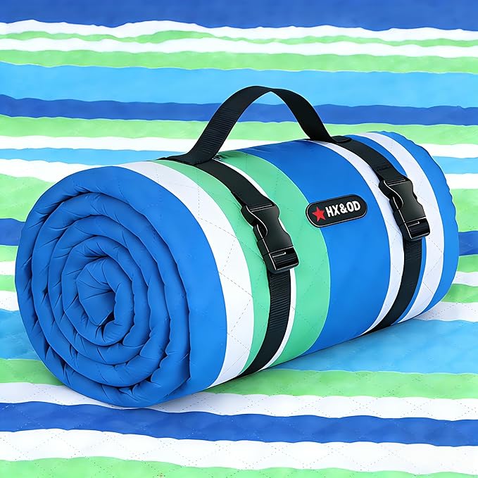 HX&OD Large Picnic Blanket Outdoor 80”x60” Waterproof Picnic Mat Foldable 3-Layer Camping Blanket Portable with Carry Strap Park Blanket for Grass(Blue)