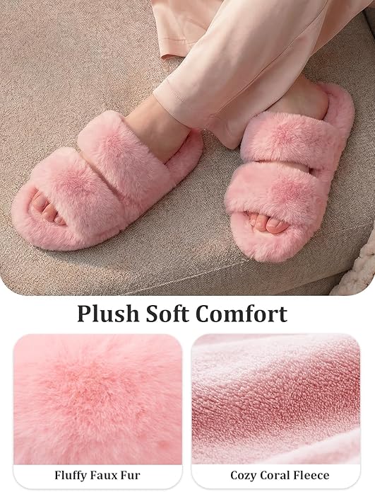 FamilyFairy Women's Fluffy Faux Fur Slippers Comfy Open Toe Two Band Slides with Fleece Lining and Rubber Sole