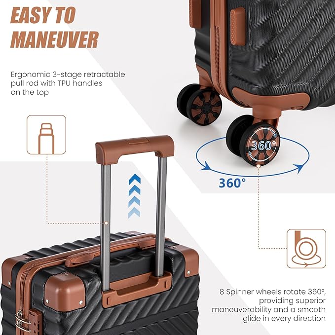 Cosbarn Carry On Luggage 22x14x9 Airline Approved, Hardside 20 Inch Carry on Suitcases with Wheels, Hard Shell ABS Lightweight Carry on Luggage Set, Travel Suitcase Set with TSA Lock, Black