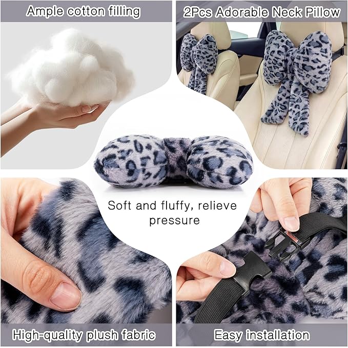 Macarrie 2 Pcs Car Neck Pillow Plush Butterfly Bow Car Headrest Pillow Comfortable Seat Neck Support Cute Head Rest Accessories for Driving Travel Driver Chair Girl Interior Decor(Blue,Leopard)