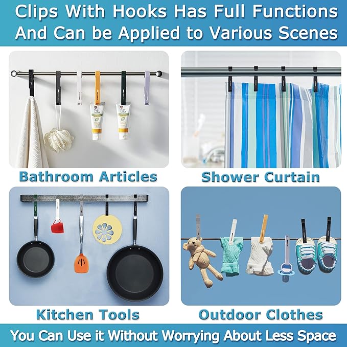 Laundry Hooks with Clips Hanger Closet Organizer Clamps Socks Boot Bras Towels for Bathroom Wardrobe Kitchen Office 4Pcs (Grey)