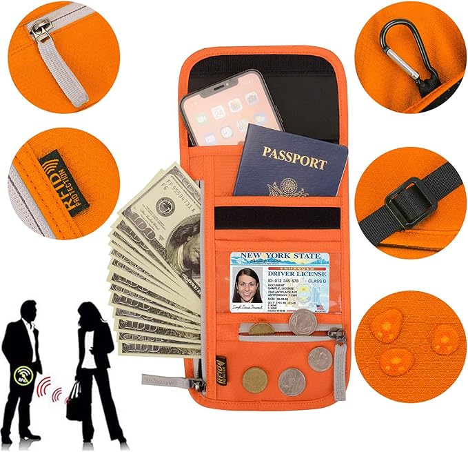 Peicees RFID Blocking Travel Neck Wallet for Men Women Family Passport Holder Lanyard Neck Pouch Slim Travel Document Holder