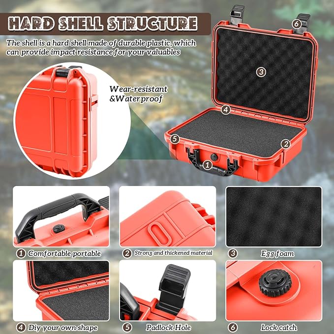 Relaxweex 1 Pcs Waterproof Hard Case with DIY Customizable Foam Insert Portable Protective Case with Knife for Camera Drones Equipments Tools Test Instruments(Reddish Orange,8.5 x 6.5 x 3.7 Inch)