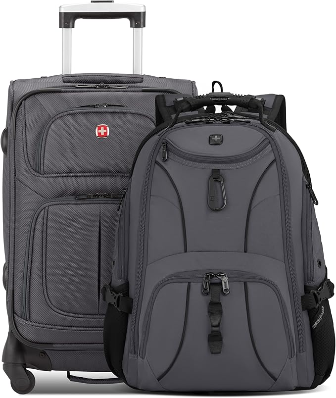 SWISSGEAR Sion 2-Piece Travel Set, Softside Expandable Carry-On Spinner Bundled with 1900 ScanSmart 17" Laptop Backpack with RFID Blocking & Tech Organization, Dark Grey