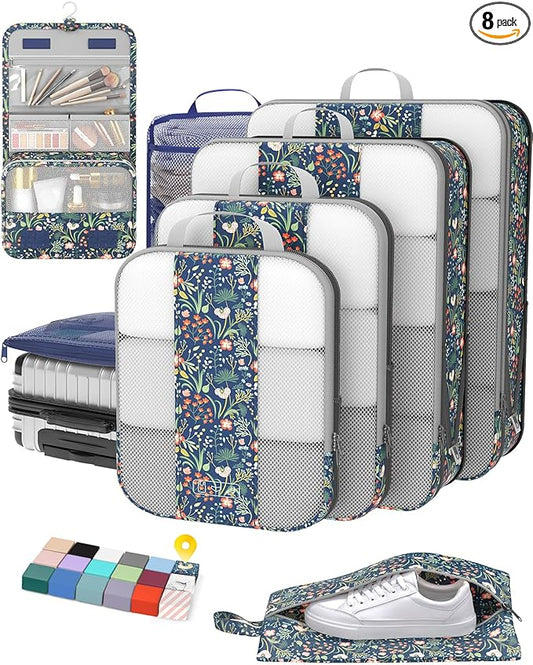 8 Set Compression Packing Cubes for Travel Essentials,Compressible Expandable Packing Cubes for Suitcase,OlarHike Luggage Garment Bags for Travel,Handy Helper for Organizing Clothes(Dark Blue Floral)