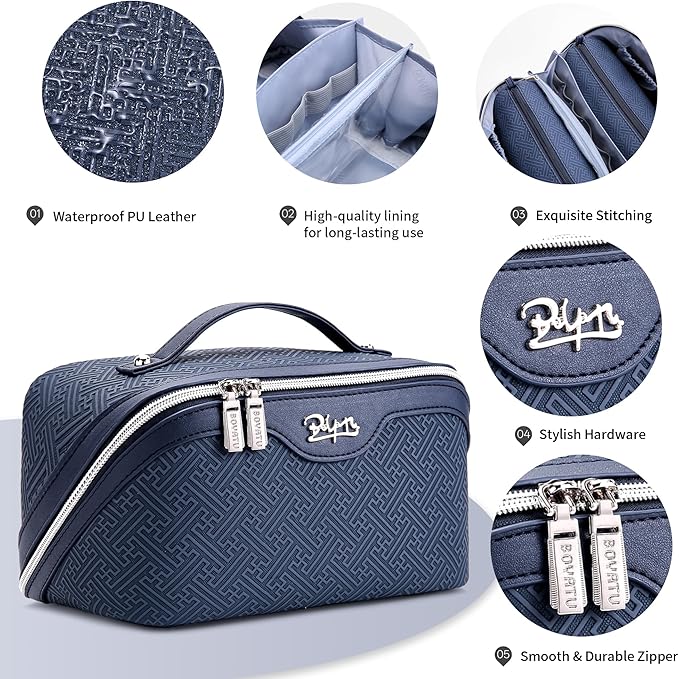 BOYATU Travel Makeup Bags for Women: Vintage Roman Column Texture Large Capacity Cosmetic Bag - Each Journey, Quiet Luxury Serenity - 3 Pcs Set Organizer Toiletry Purse 50% Extra Storage(Indigo)