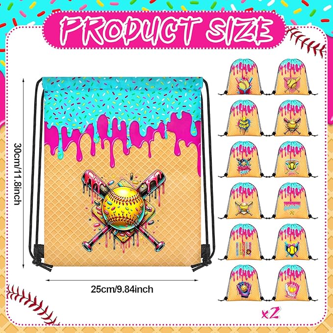 Woanger 24 Pcs Ice Cream Drip Softball Drawstring Bags Bulk 11.81x9.84 Inch Sport Party Favor Backpacks Softball Gift Bags Waterproof Lightweight String Cinch Backpacks for Travel Camp Party