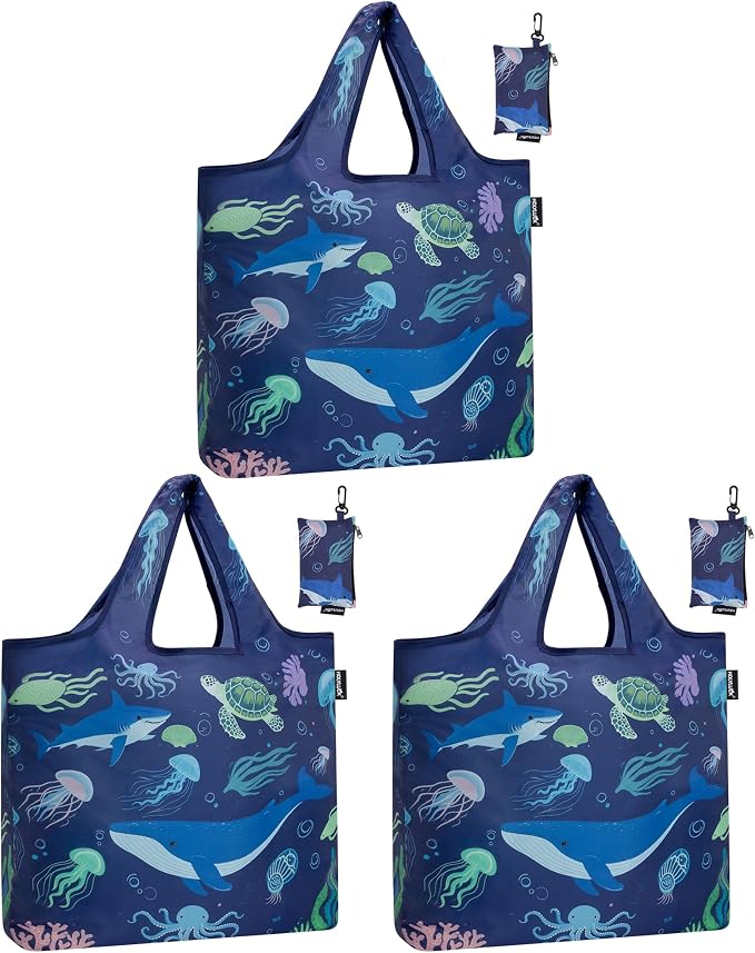 HOLYLUCK Reusable Grocery Bags,Heavy Duty Foldable Shopping Tote Bag (Standard, 3 Whales)