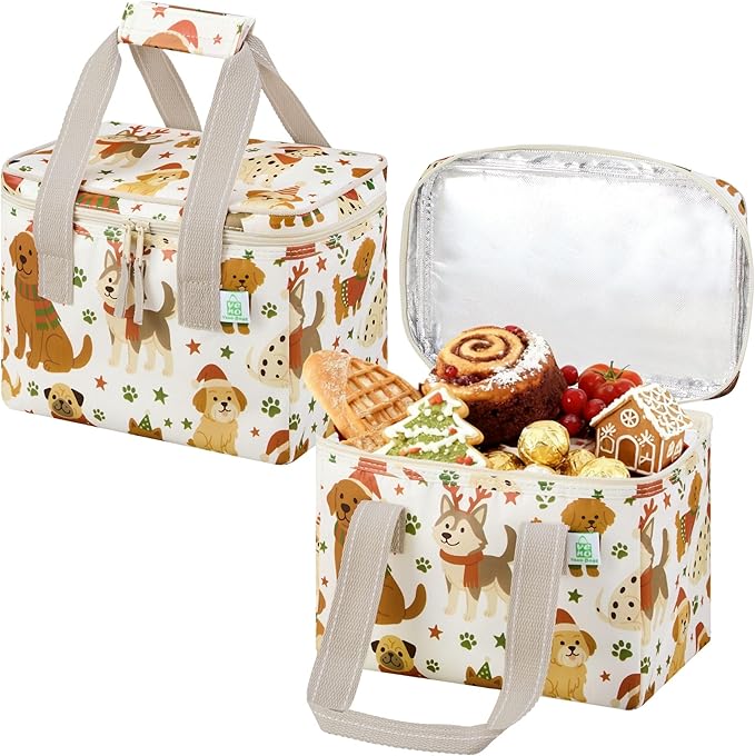 VENO 2 Pack Insulated Lunch Bag for Women Men, Reusable Lunch Box Grocery Shopping Bag Small Cooler with Handles Zippers for Work Office Picnic Beach (Holiday Pups)
