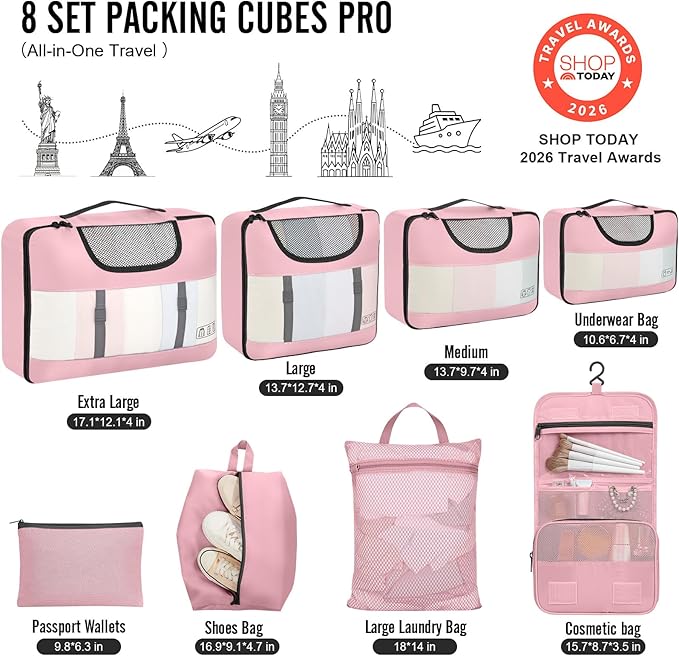 Veken 8 Set Packing Cubes for Cruise Ship Essentials,Beach Vacation Travel Accessories with Hanging Toiletry Bag,Suitcase Organizer for Luggage,Personalized Birthday & Retirement Gifts for Women Mom