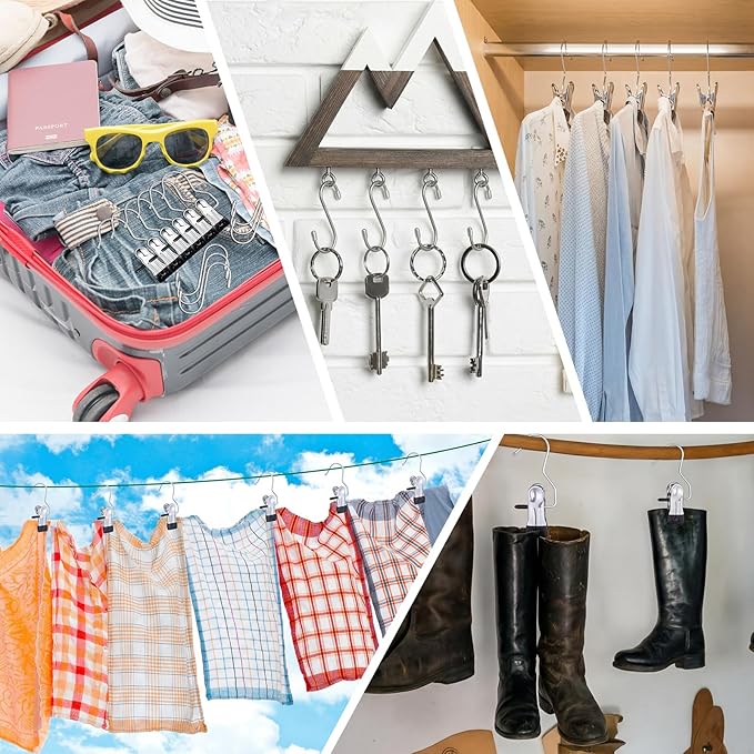 Moxweyeni 32 Pcs Hook 16 Boot Hanger Clips 16 S Hooks Non Slip Rubber Laundry Hanging Hooks Clothes Pins for Closet Organizer Bulk Hanger Clips for Travel Pants Socks Jeans Towels Handbags
