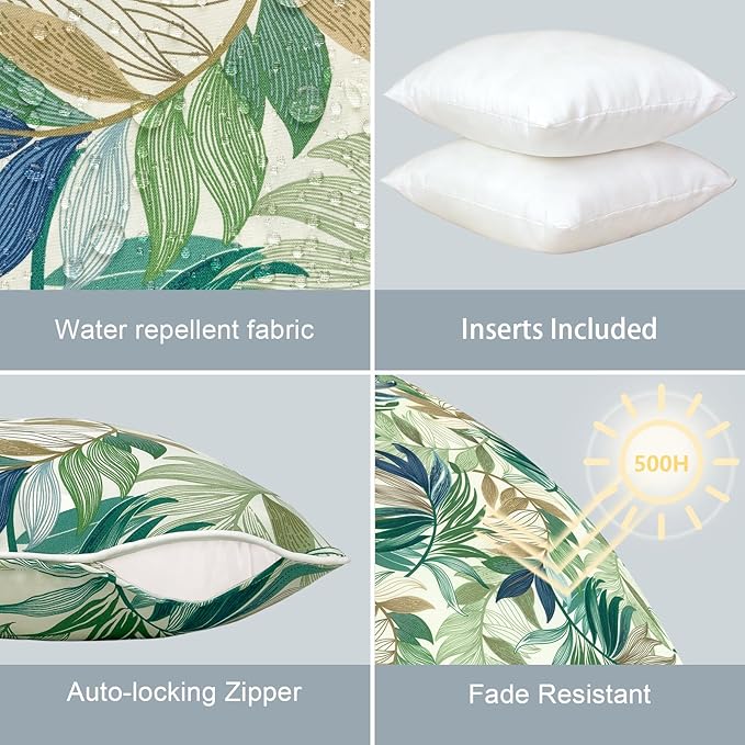 LVTXIII Outdoor/Indoor Throw Pillows, Decorative Patio Accent Pillows, Fluffy Water Repellent Garden Cushions for Home Patio Coach Sofa Use, 16×16 Inch, Pack of 2, Lush Leaf Green