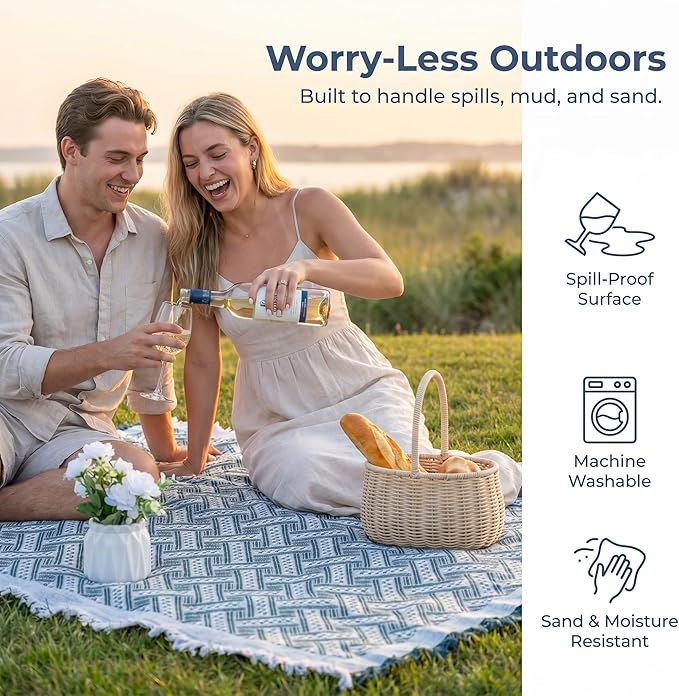 70x70 Bohemian Picnic Mat Extra Large, Sand Proof Outdoor Camping Blanket Machine Washable, Lightweight Portable Travel Tarp for 5-7 Adults Beach Park Grass (Green-T-Grid)