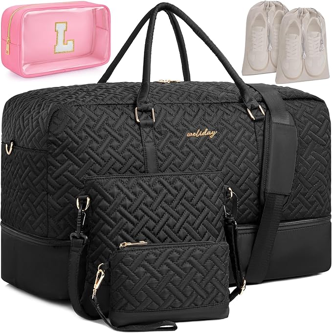 Weekender Bag for Women, 6 Pcs Set Carry on Overnight Bag, 21" Travel Duffel Bag with Initial Clear Makeup Pouch and Waterproof Shoe Compartment