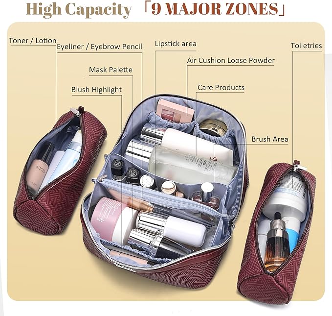 BOYATU Travel Makeup Bags for Women: Vintage Roman Column Texture Large Capacity Cosmetic Bag - Each Journey, Quiet Luxury Serenity - 3 Pcs Set Organizer Toiletry Purse 50% Extra Storage(Burgundy)