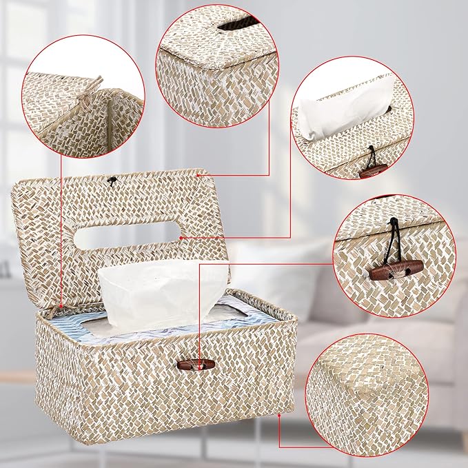 Sumnacon Rectangle Natural Seagrass Tissue Box Cover,Woven Tissue Box with Bottom,Farmhouse Tissue Box Holder for Living Room Bathroom Vanity Toilet Table Desk Countertop Office Car,Whitewash