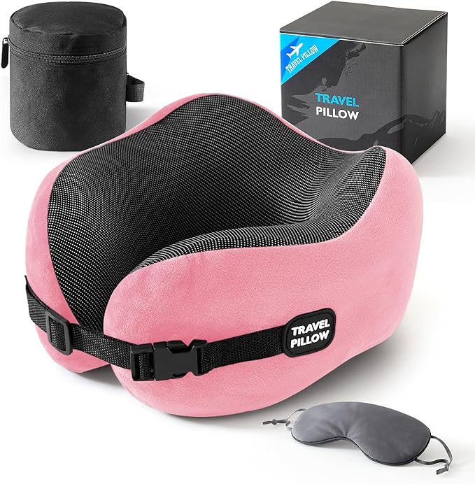 Neck Pillow Travel Pillow - 100% Pure Memory Foam Airplane Pillow with Adjustable Clasp & Removable Cover, Portable Travel Essentials for Long Flights, Car & Office (Pink, with Eye Mask)