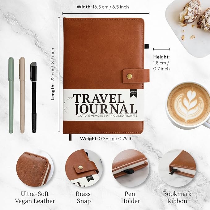 Travel Journal with Prompts (Hardcover) 2nd Edition - Vegan Leather Adventure Essential - 2-Page-A-Day Travel Journal (40 Days) for Women Men Nonbinary - A5 Daily Diary & Traveler Notebook - Gift - Present