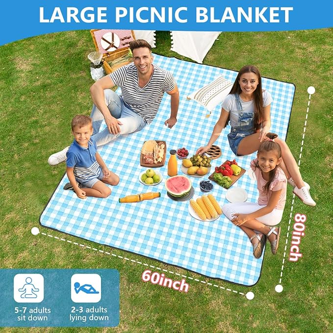 OBTANIM Extra Large Picnic Blanket 60 x 80 Inch Waterproof Foldable Beach Blankets Outdoor Picnic Mat for Camping Grass Lawn Park Music Festival Party Accessories (Blue and White)