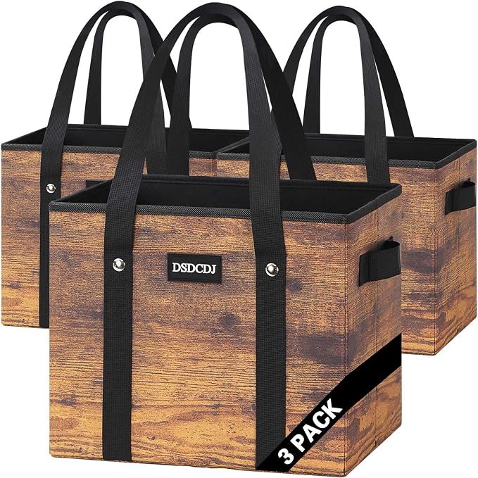 Reusable Grocery Bags - Heavy Duty Reusable Shopping Bags with Hard Bottom & Long Handles, Foldable Large Utility Tote Bag with Box Shape to Stand Up - for Kitchen, Picnic, 3 Pack, Rustic Brown