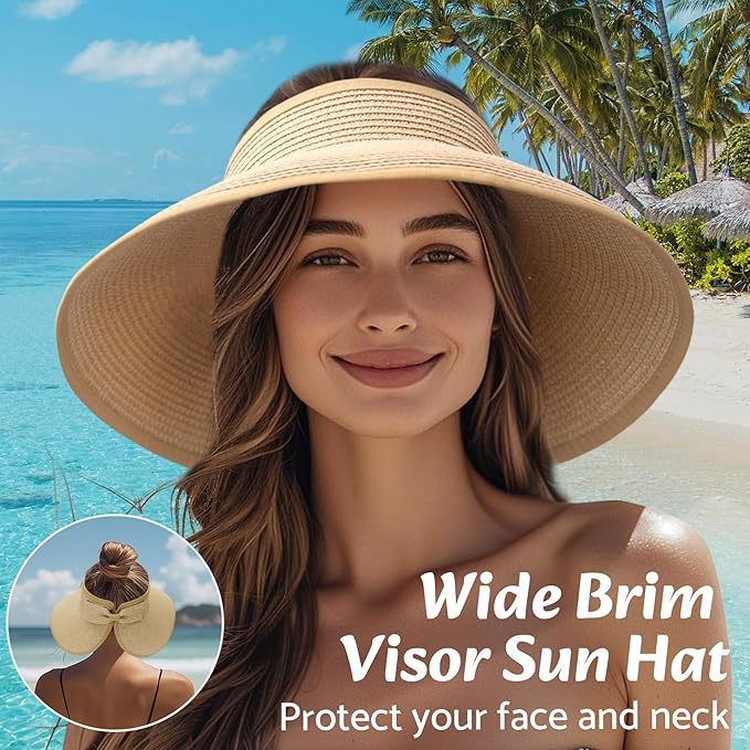 NPQQUAN Sun Visor Hats for Women Wide Brim Ponytail Straw Beach Hat Packable Foldable UPF 50+ Floppy Travel Hats