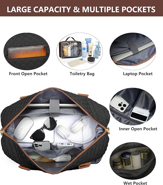 Travel Weekender Bags for Women Duffle - Carry on Overnight Bag with Shoe Compartment & Toiletry Gym Duffel Bags with Wet Pocket Hospital for Labor and Delivery Black Brown