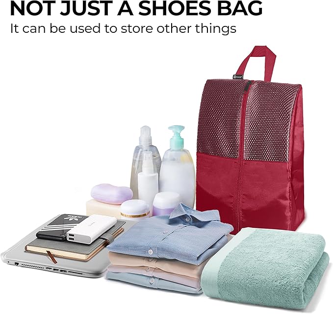 Shoe Bags For Travel, Used As For Storage or Shoe Travel Bag, Space Saving When Travelling With This Travel Shoe Bags For Packing, Featuring Waterproof Nylon Sneaker Bag. (Red, 2 Pack, Medium)