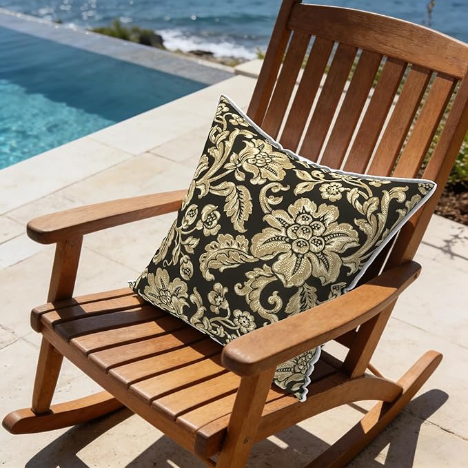 LVTXIII Set of 2 Patio Throw Pillows Waterproof 16"x16" Fade Resistant Outdoor Throw Pillows with Inserts, Fluffy Decorative Garden Toss Pillow Cushions for Home Patio Coach Sofa Use, Jacobean Black
