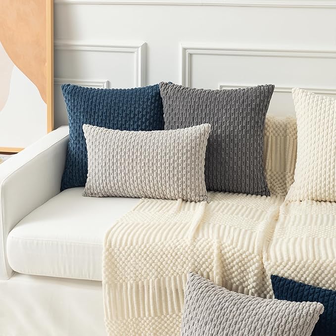 Kevin Textile 14x22 Inch Pillow Cover 1 Pack Boho Decorative Soft Striped Corduroy Lumbar Farmhouse Solid Color Accent Rectangle Cushion Case for Living Room Couch Sofa Bed, Blue