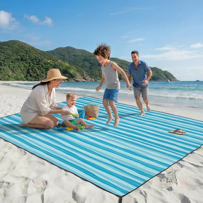 OIGAE Family Beach Blanket, 7×8 ft Sand-Free Picnic Mat for 1–4 People, Quick-Dry Lightweight Outdoor Blanket with Stakes & Corner Pockets, Blue Wave Stripes