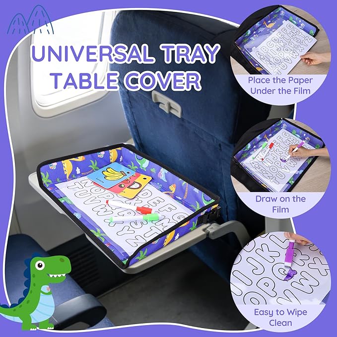 Kids Tray Table Cover, Airplane Tray Cover with Pockets, Airplane Travel Essentials for Kids, Portable Airplane Must Haves for Toddler on Plane or Train and Flying Supplies (Blue)