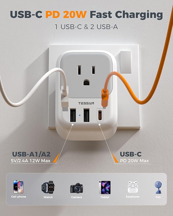 Type G Adapter for Travel 3 Pack, TESSAN US to UK Plug Adapter with 4 Outlets 3 USB Ports (1 USB C 20W), Ireland Power Adaptor for USA to England London Scotland Dubai Singapore Hong Kong British UAE