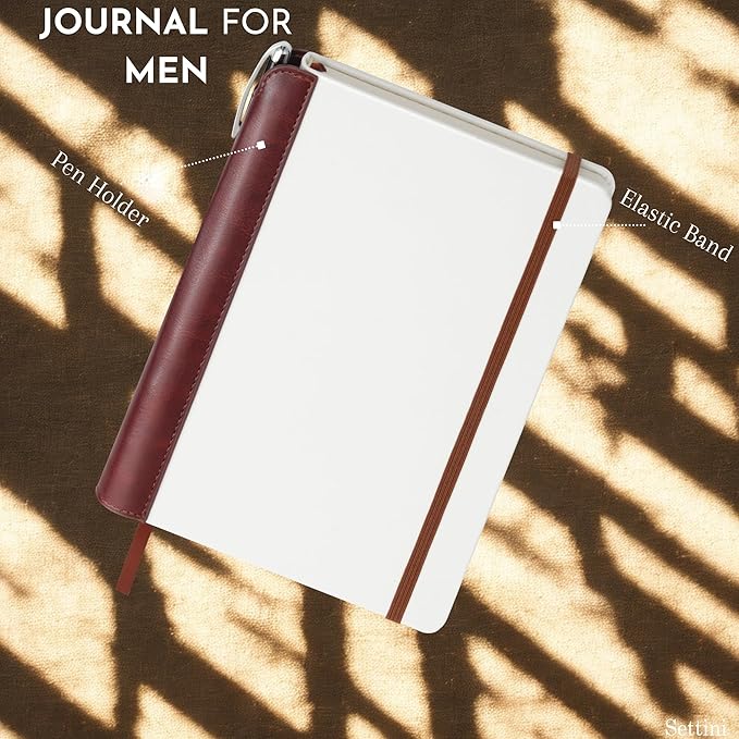 SETTINI® Lined Journal - Modern White Journal for Writing Gift Set - Hardcover Vegan Leather, Includes Luxury Pen in a Unique Pen Holder, 192 Pages, 6 x 8.5 inches, Fathers Day Gift