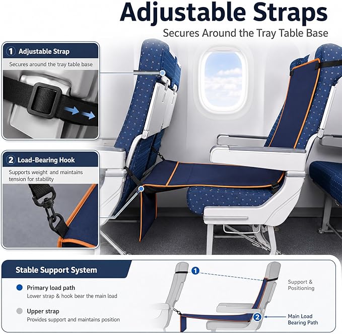 Portable Airplane Foot Hammock for Travel, Adjustable Folding Hanging Footrest Leg Rest Sling for Plane Bus Car Train