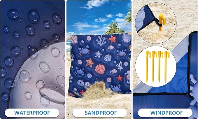 WIWIGO Beach Blanket Waterproof Sandproof Beach Mat 79" X 83"/10'x9'for 2-8 Adults Quick Drying Outdoor Picnic Mat Beach Accessories for Travel, Camping, Hiking