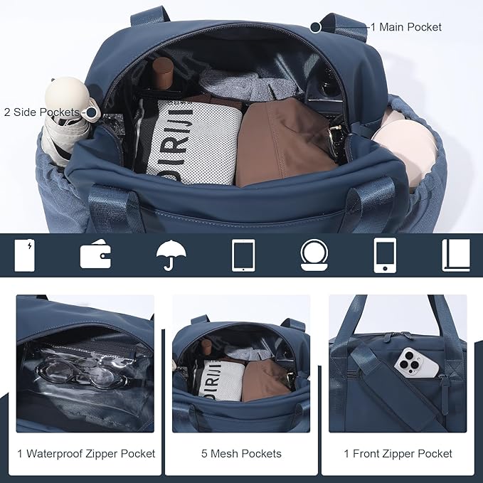 Bucosd Small Gym Bag for Women, Mini Crossbody Gym Duffle Bag with Wet Compartment, Carry on Gym Tote Bag for Workout Dance Sport Travel (Medium-Blue)