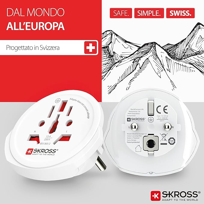 Skross World to Europe Country Travel Adaptor, White