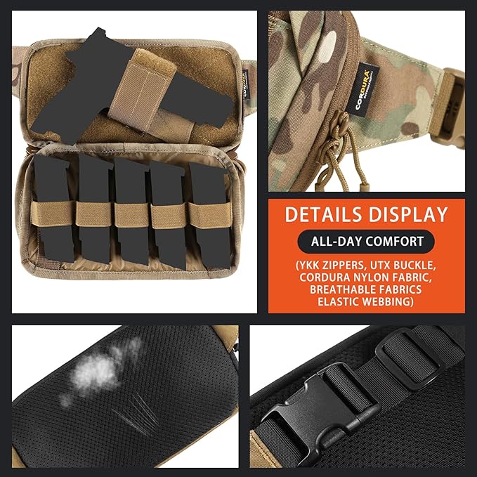 Tactical CCW Fanny Bag, Concealed Carry Fanny Pack w/Adjustable Waist Belt Tactical Waist Bag Handgun Pouch with Universal Pistol Holster, Everyday Hip Pack (Multicam)