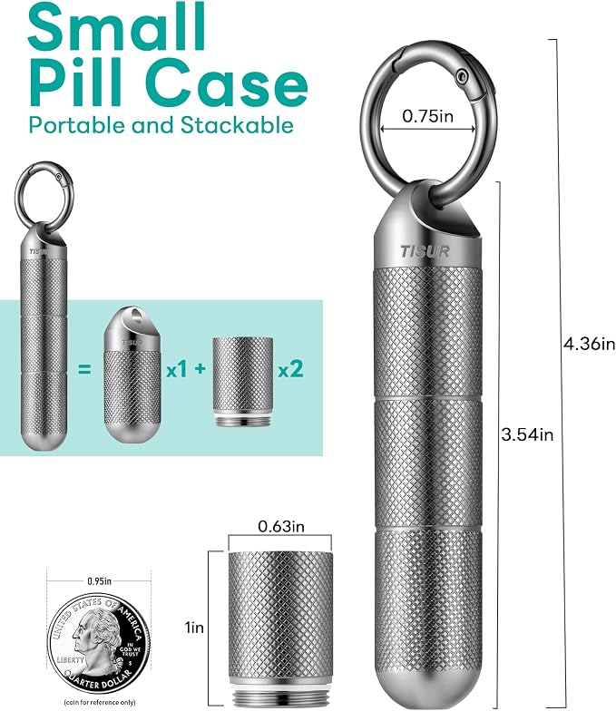 TISUR Titanium Keychain Pill Holder Small Metal Pill Case, Pill Organizer Portable Waterproof Pill Container, Travel Pill Bottle Box for Purse (Large-0.63in 3 Separate Compartments)