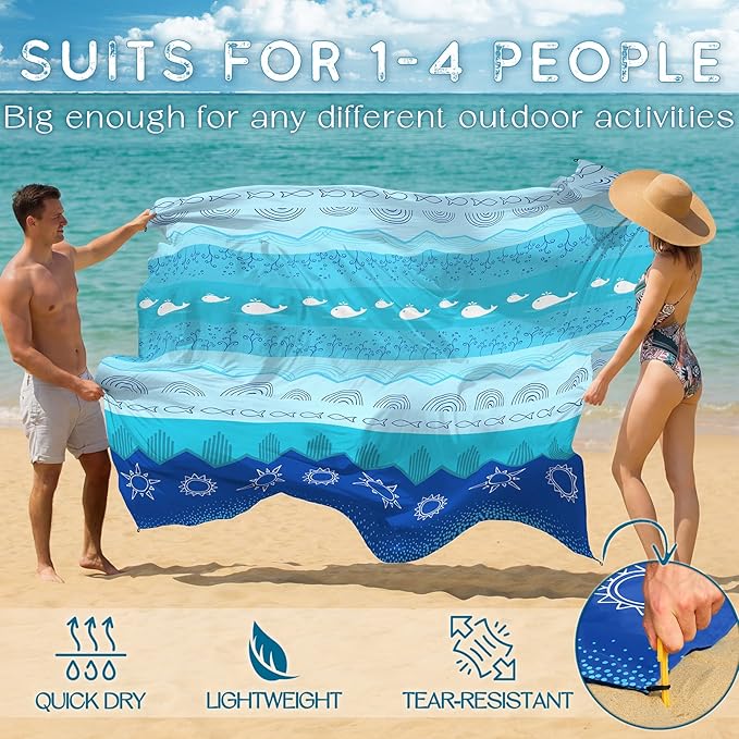 BYDOLL Beach Blanket Waterproof Sandproof Large Sand Free,78''X81''/10'X9' Oversized Sandless Lightweight Blanket Picnic Mat for Beach Travel Camping Hiking with Stakes